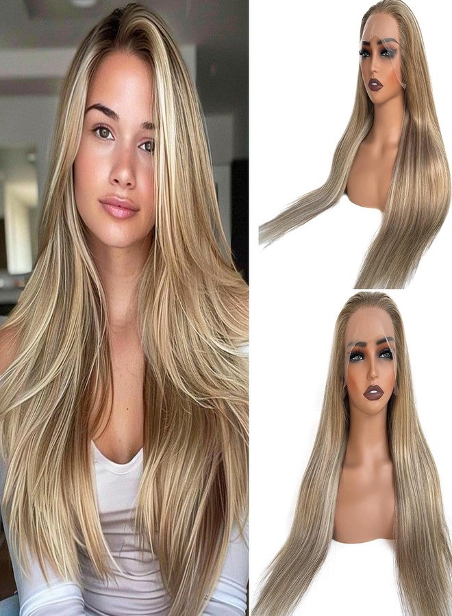 Valiilo Ombre Ash Blonde Wig Human Hair Glueless 13x4 Lace Front Wigs Pre Plucked Long Straight Frontal Lace Wigs 180% Density 20 Inch Blonde Highlight Wig with Brown Roots - Image 1